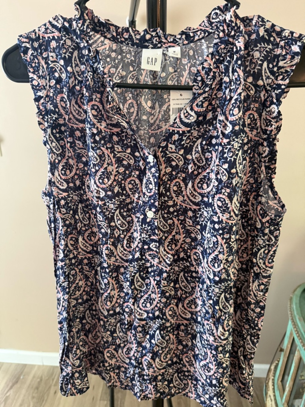 GAP Navy Sleeveless Paisley Button-Front Blouse with Pink Accents